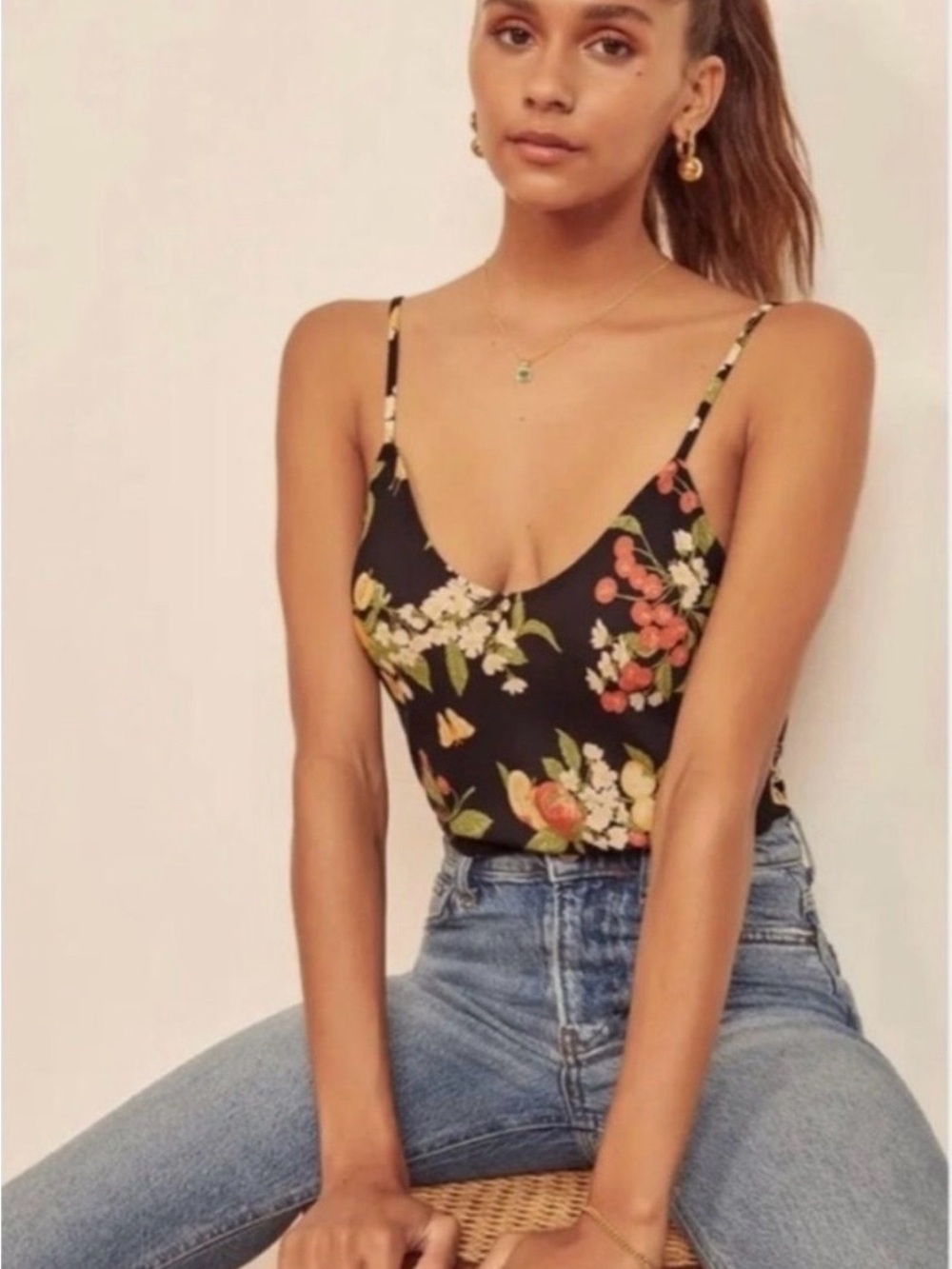 Reformation Gem Floral Cherry Fruit Camisole Black